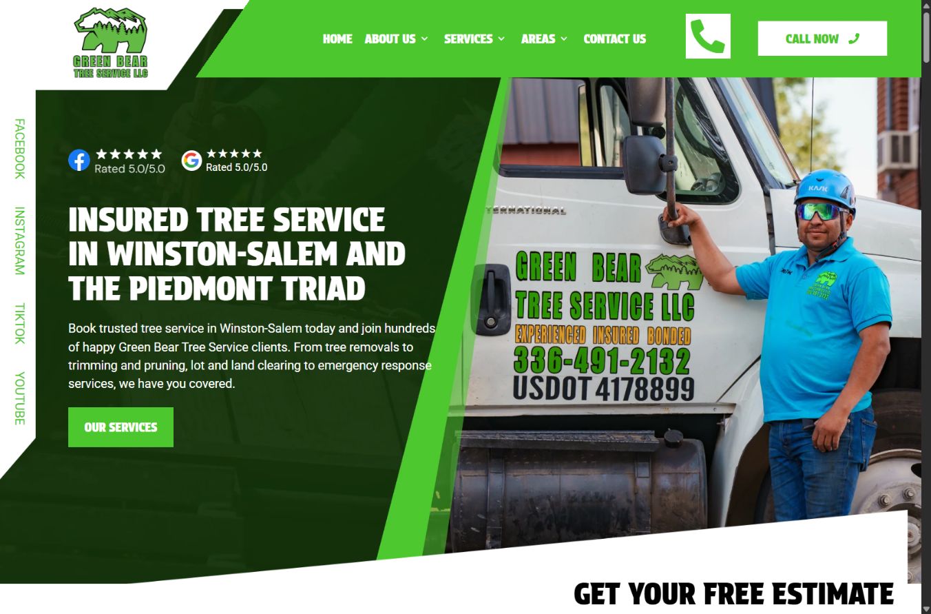 Green Bear Tree Service website featuring its owner beside a company truck