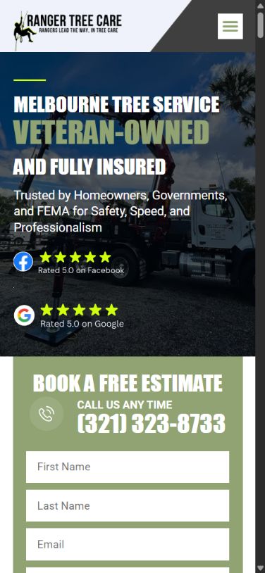 Ranger Tree Care website on mobile, showing tree work and its estimate form